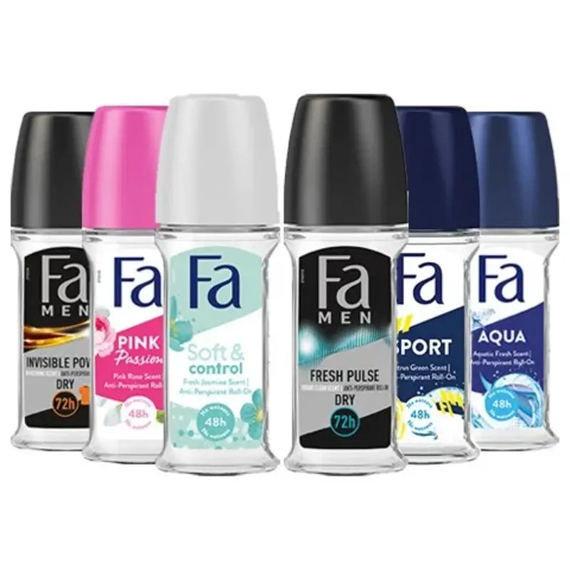 Fa Men Invisible Power
Fa Pink Passion
Fa Soft & Control
Fa Men Fresh Pulse
Fa Sport
Fa Aqua roll on deodorant
